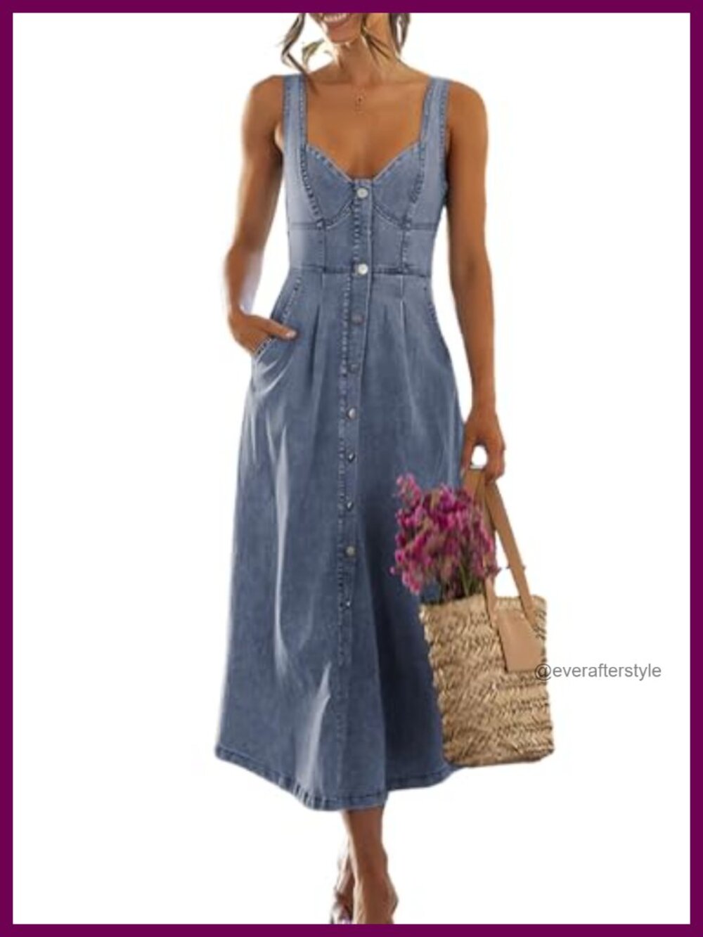 Stretchy Smocked Denim Babydoll Midi Dress Sleeveless Button Down